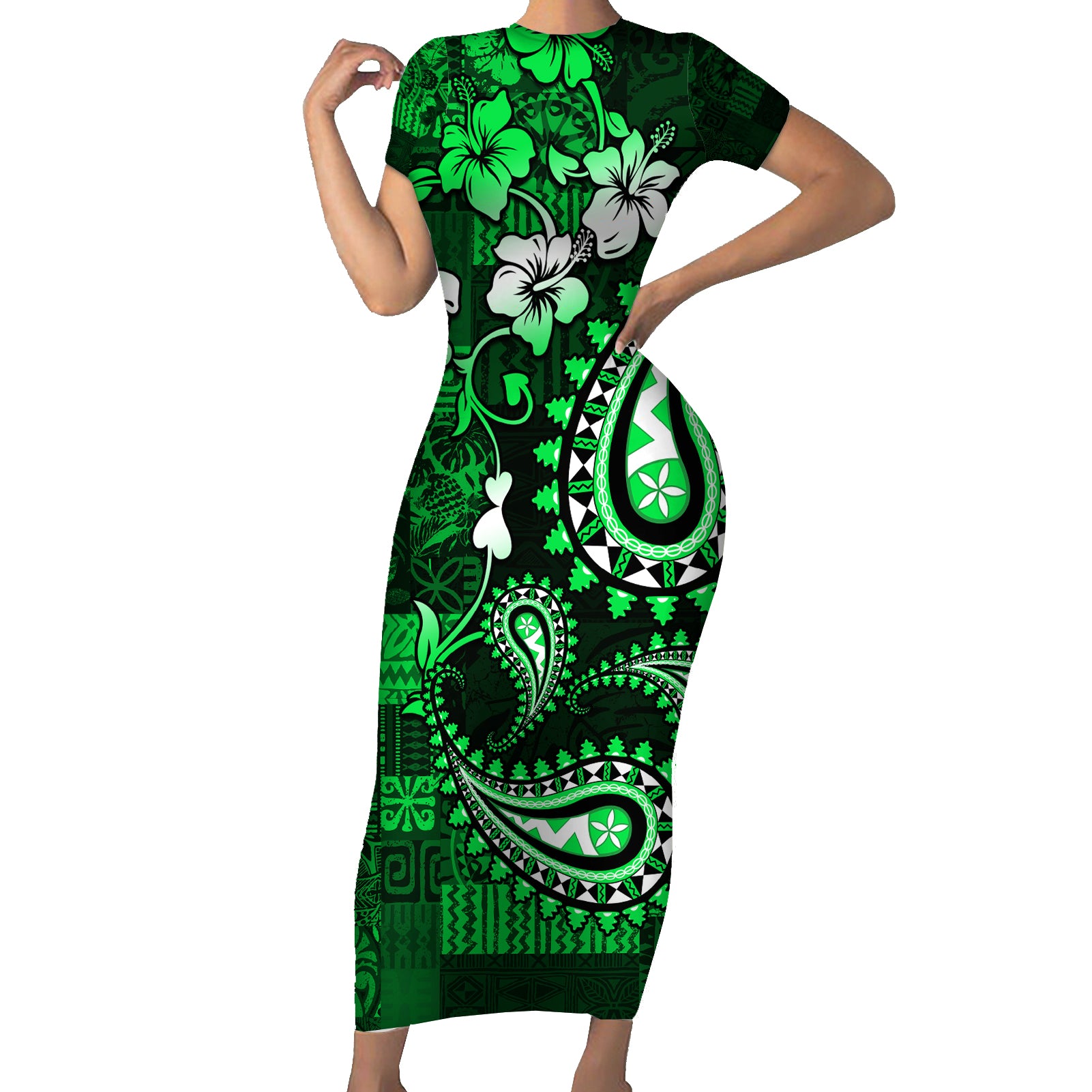 Fiji Masi Paisley With Hibiscus Tapa Short Sleeve Bodycon Dress Green Version LT01 Long Dress Green - Polynesian Pride