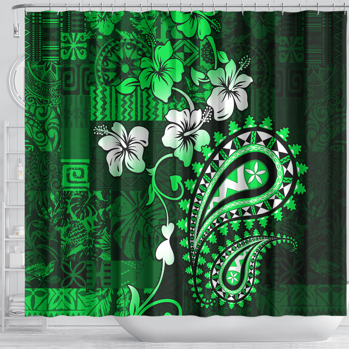 Fiji Masi Paisley With Hibiscus Tapa Shower Curtain Green Version LT01 - Polynesian Pride