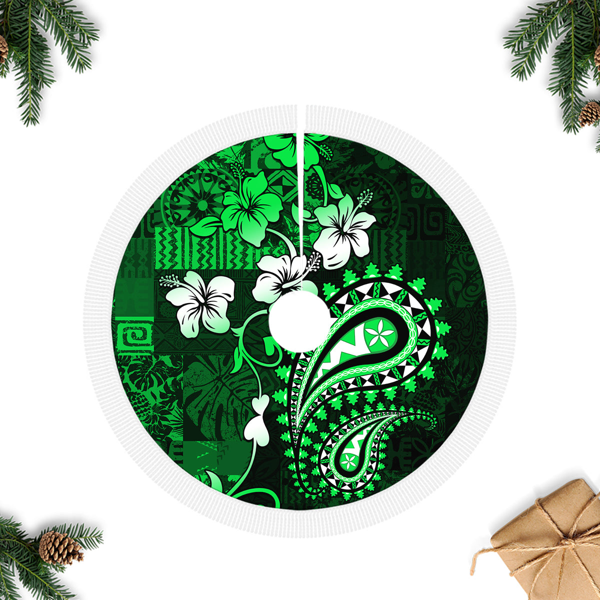 Fiji Masi Paisley With Hibiscus Tapa Tree Skirt Green Version LT01 Fringed Tree Skirts Green - Polynesian Pride