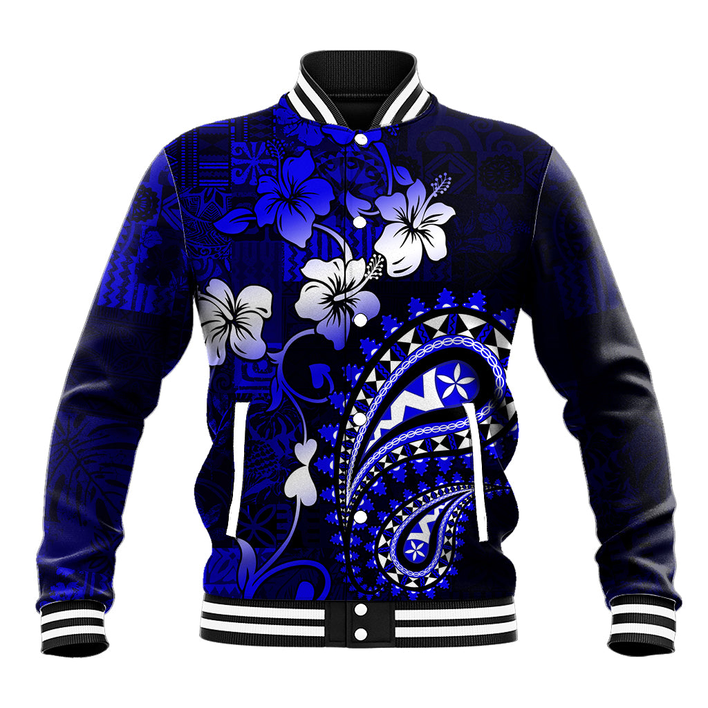 Fiji Masi Paisley With Hibiscus Tapa Baseball Jacket Navy Blue Version LT01 Unisex Blue - Polynesian Pride