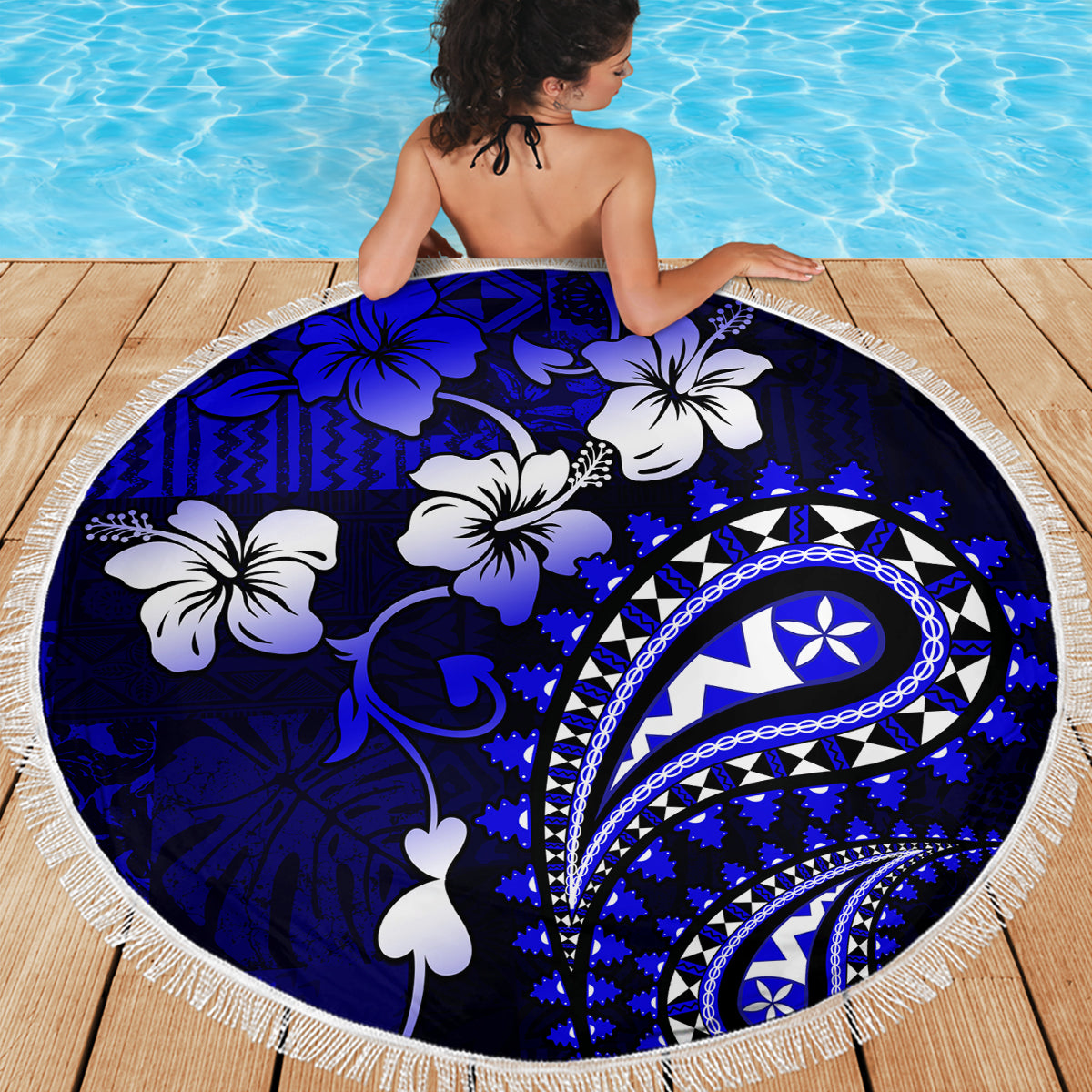 Fiji Masi Paisley With Hibiscus Tapa Beach Blanket Navy Blue Version LT01 - Polynesian Pride