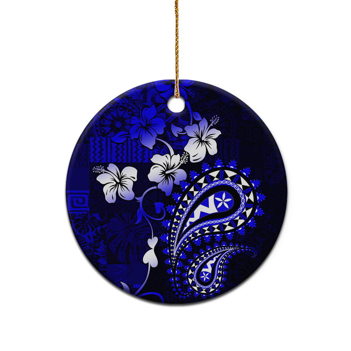 Fiji Masi Paisley With Hibiscus Tapa Ceramic Ornament Navy Blue Version LT01 - Polynesian Pride