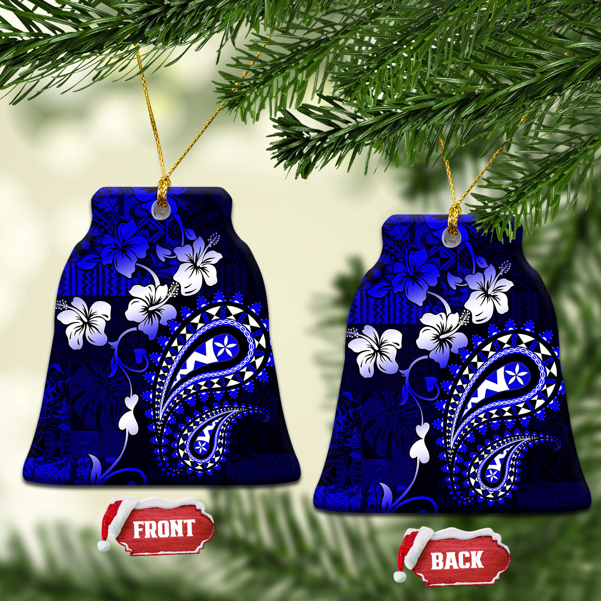 Fiji Masi Paisley With Hibiscus Tapa Ceramic Ornament Navy Blue Version LT01 Bell Flake Blue - Polynesian Pride