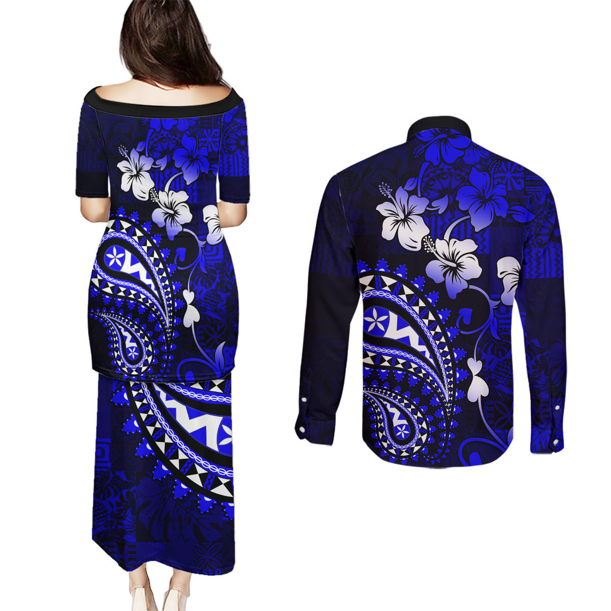 Fiji Masi Paisley With Hibiscus Tapa Couples Matching Puletasi Dress and Long Sleeve Button Shirt Navy Blue Version LT01 - Polynesian Pride