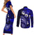 Fiji Masi Paisley With Hibiscus Tapa Couples Matching Short Sleeve Bodycon Dress and Long Sleeve Button Shirt Navy Blue Version LT01 - Polynesian Pride