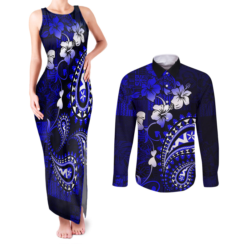 Fiji Masi Paisley With Hibiscus Tapa Couples Matching Tank Maxi Dress and Long Sleeve Button Shirt Navy Blue Version LT01 Blue - Polynesian Pride
