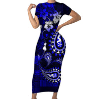 Fiji Masi Paisley With Hibiscus Tapa Family Matching Short Sleeve Bodycon Dress and Hawaiian Shirt Navy Blue Version LT01 Mom's Dress Blue - Polynesian Pride