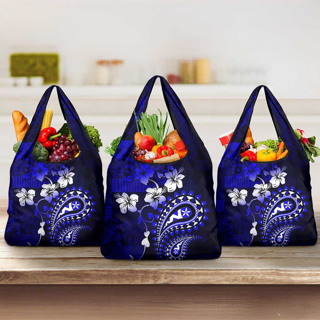 Fiji Masi Paisley With Hibiscus Tapa Grocery Bag Navy Blue Version