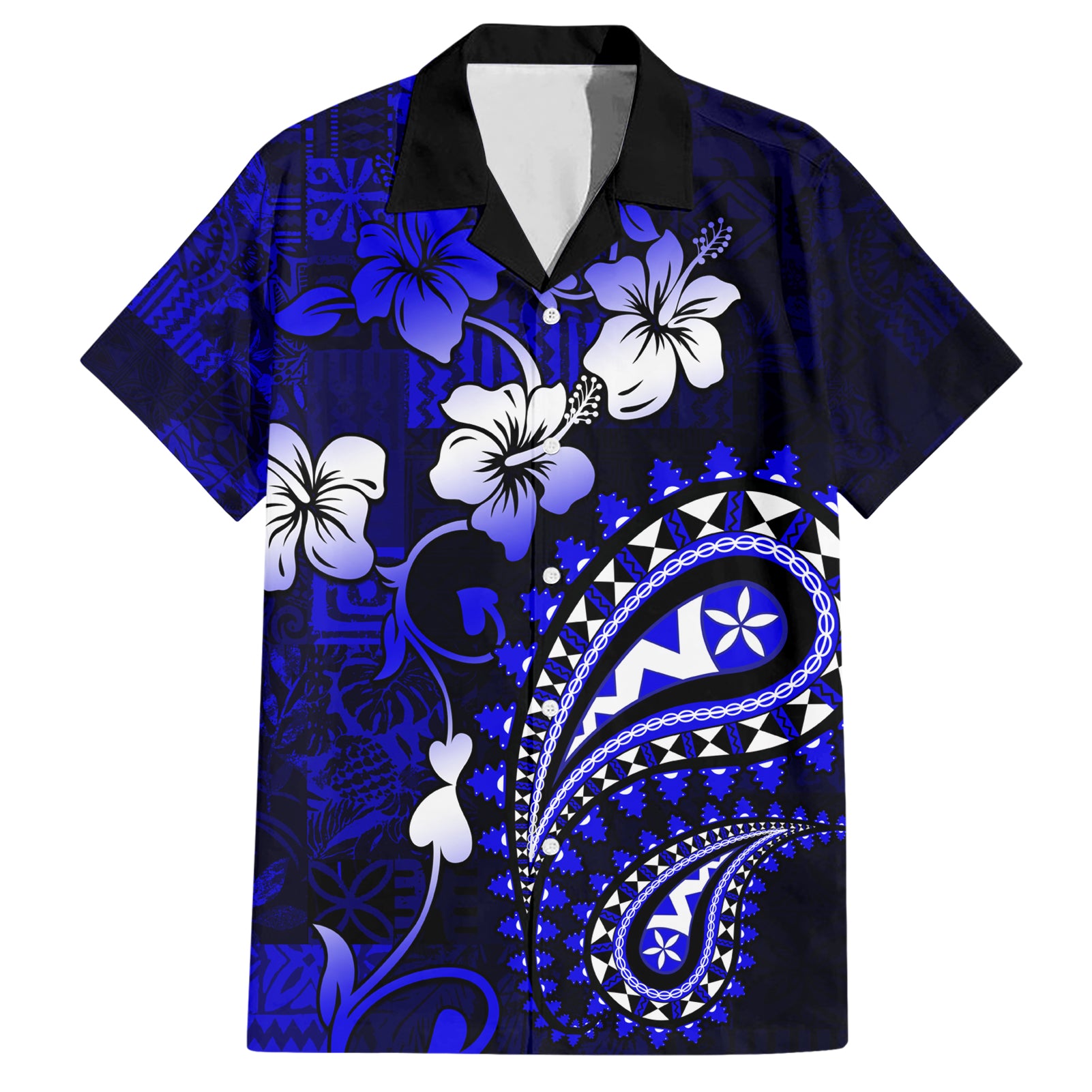 Fiji Masi Paisley With Hibiscus Tapa Hawaiian Shirt Navy Blue Version LT01 Blue - Polynesian Pride