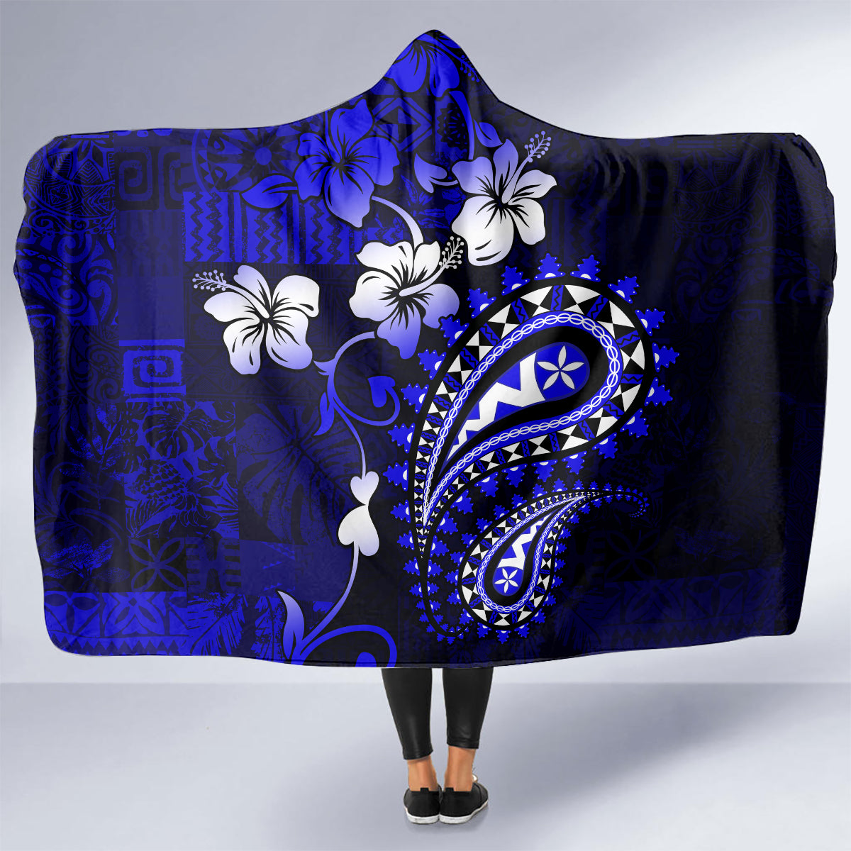 Fiji Masi Paisley With Hibiscus Tapa Hooded Blanket Navy Blue Version LT01 - Polynesian Pride