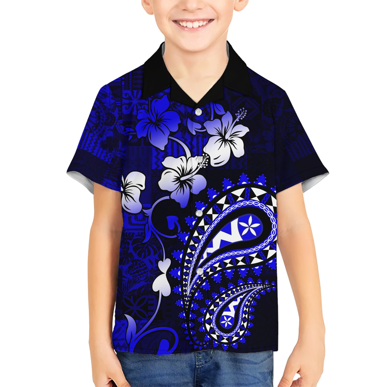 Fiji Masi Paisley With Hibiscus Tapa Kid Hawaiian Shirt Navy Blue Version LT01 Kid Blue - Polynesian Pride
