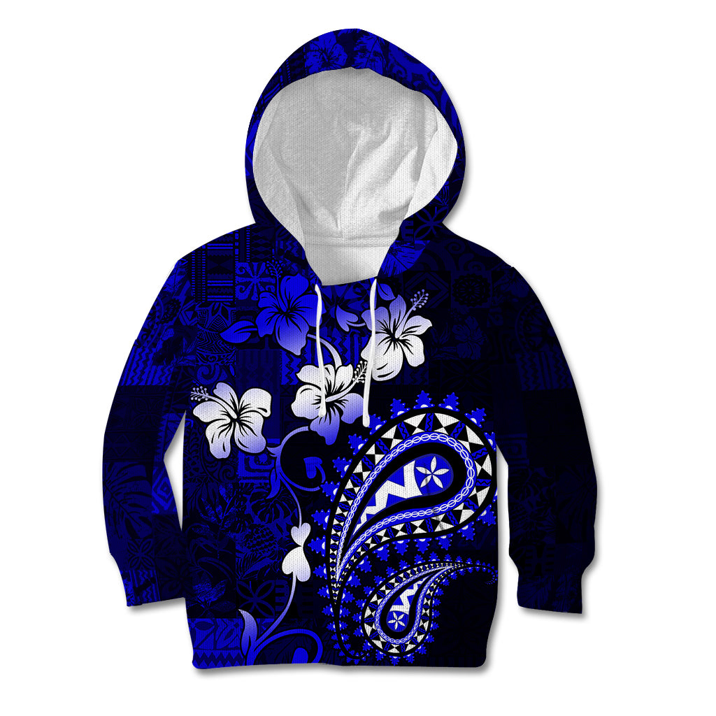 Fiji Masi Paisley With Hibiscus Tapa Kid Hoodie Navy Blue Version LT01 Blue - Polynesian Pride