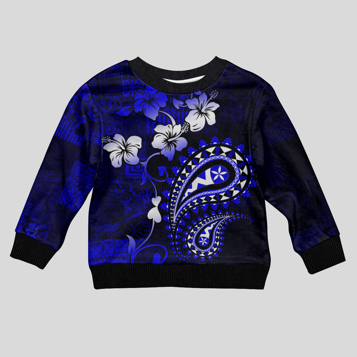 Fiji Masi Paisley With Hibiscus Tapa Kid Ugly Christmas Sweater Navy Blue Version LT01 Kid Blue - Polynesian Pride