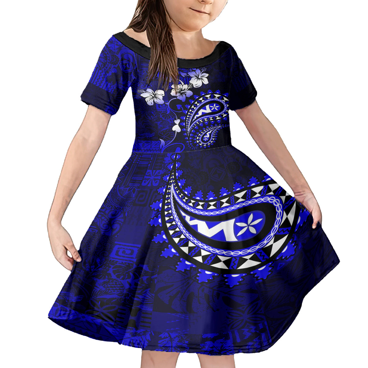 Fiji Masi Paisley With Hibiscus Tapa Kid Short Sleeve Dress Navy Blue Version LT01 KID Blue - Polynesian Pride