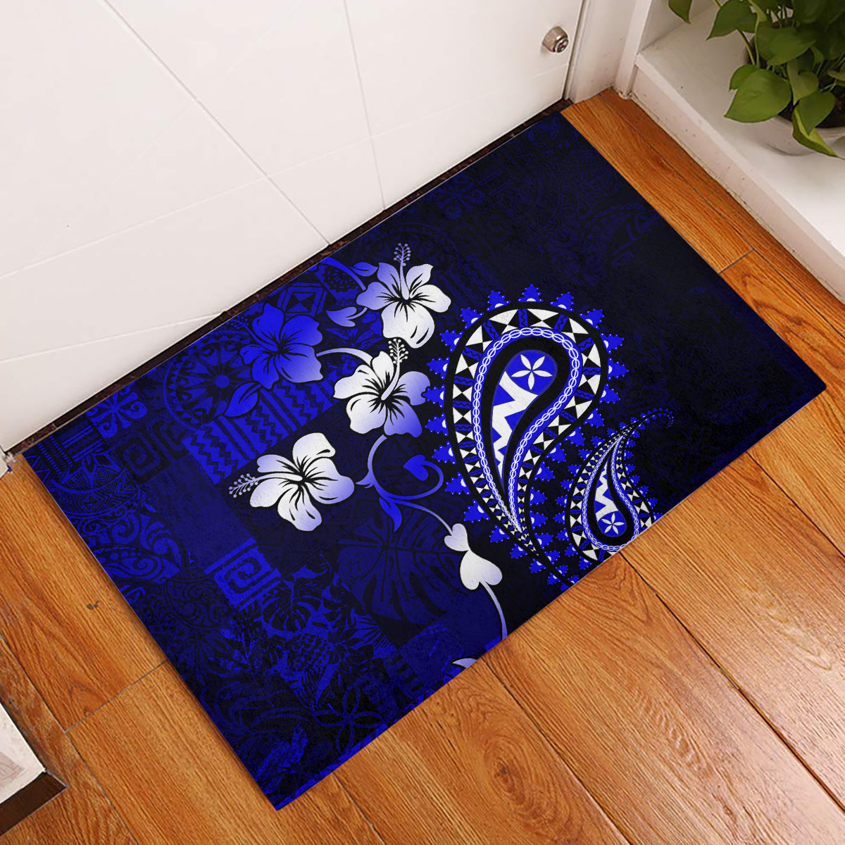 Fiji Masi Paisley With Hibiscus Tapa Rubber Doormat Navy Blue Version LT01 Blue - Polynesian Pride