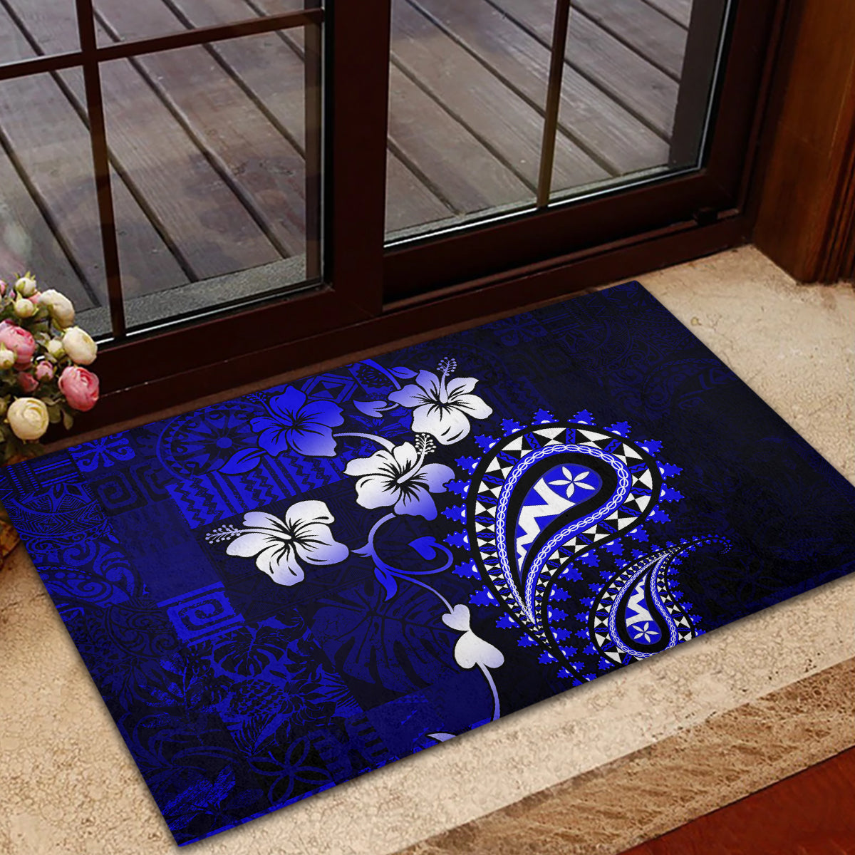 Fiji Masi Paisley With Hibiscus Tapa Rubber Doormat Navy Blue Version LT01 - Polynesian Pride