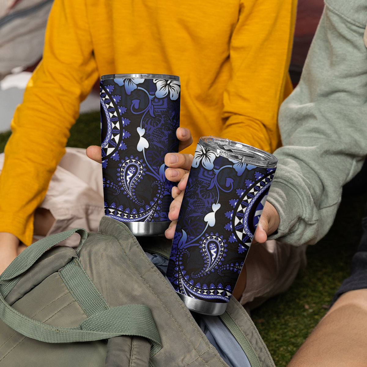 Fiji Masi Paisley With Hibiscus Tapa Tumbler Cup Navy Blue Version