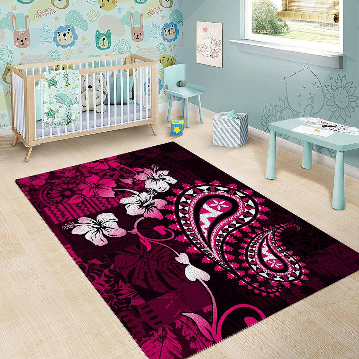 Fiji Masi Paisley With Hibiscus Tapa Area Rug Pink Version LT01 - Polynesian Pride