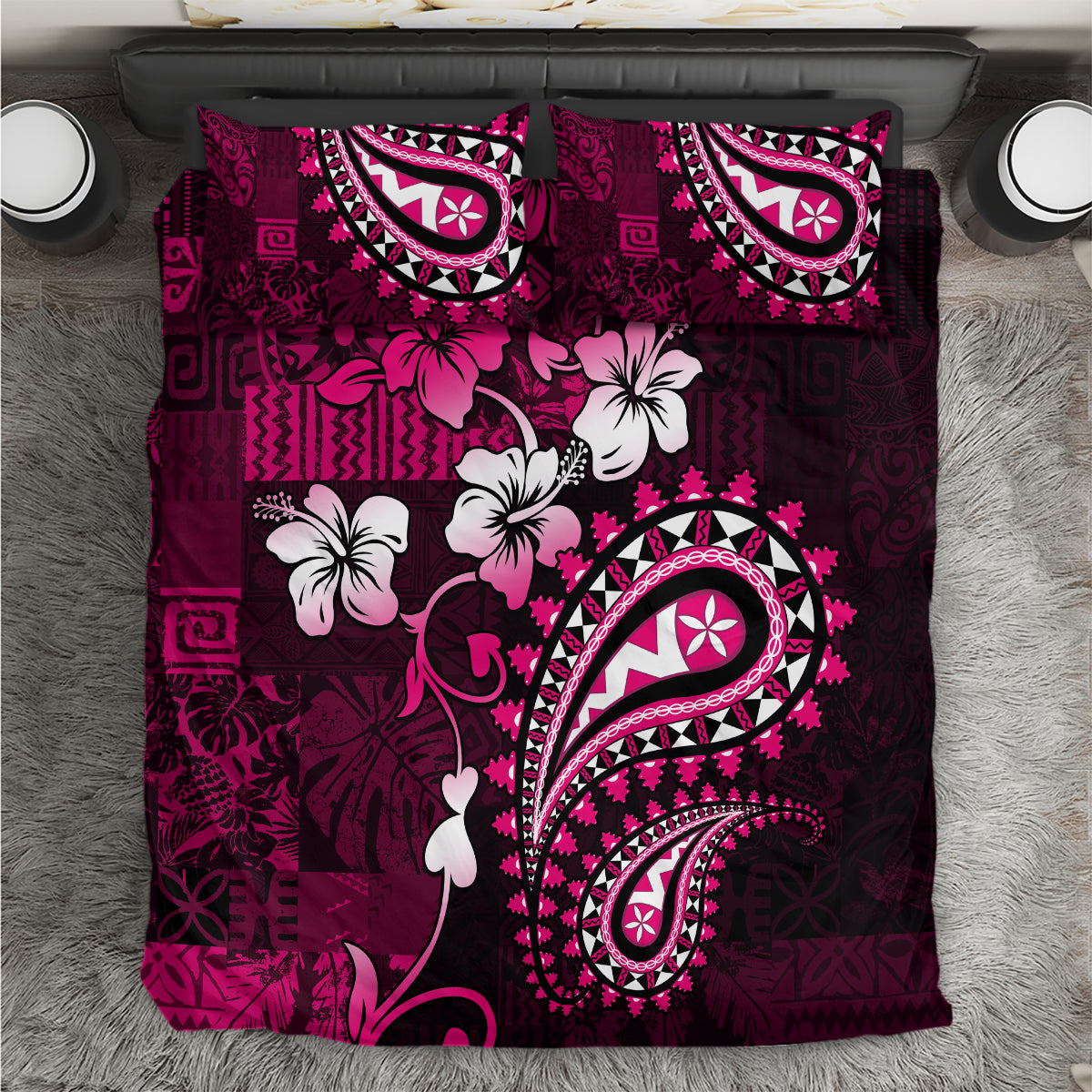 Fiji Masi Paisley With Hibiscus Tapa Bedding Set Pink Version LT01 Pink - Polynesian Pride