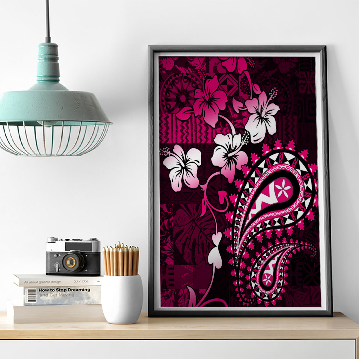 Fiji Masi Paisley With Hibiscus Tapa Canvas Wall Art Pink Version LT01 - Polynesian Pride