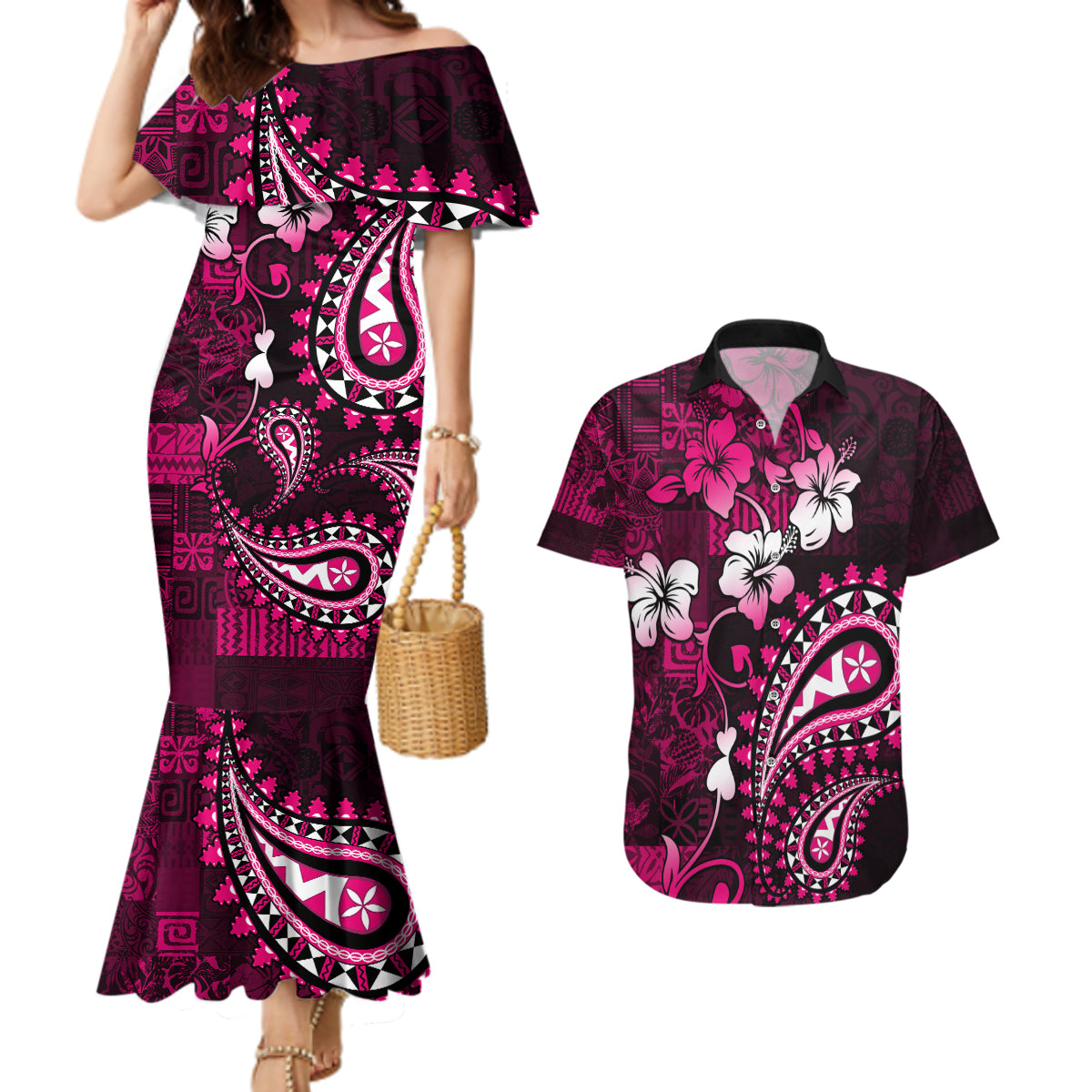 Fiji Masi Paisley With Hibiscus Tapa Couples Matching Mermaid Dress and Hawaiian Shirt Pink Version LT01 Pink - Polynesian Pride