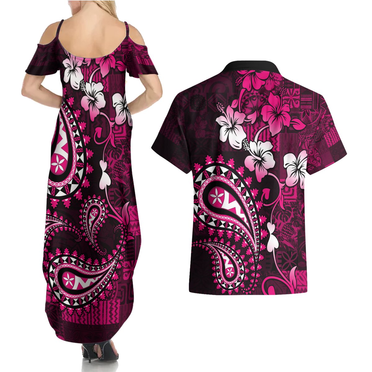 Fiji Masi Paisley With Hibiscus Tapa Couples Matching Summer Maxi Dress and Hawaiian Shirt Pink Version LT01 - Polynesian Pride