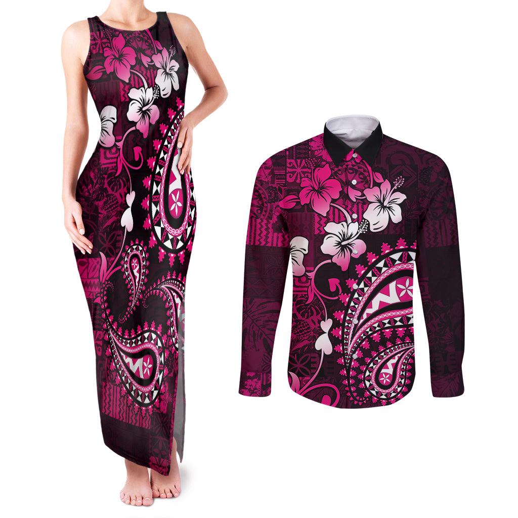 Fiji Masi Paisley With Hibiscus Tapa Couples Matching Tank Maxi Dress and Long Sleeve Button Shirt Pink Version LT01 Pink - Polynesian Pride