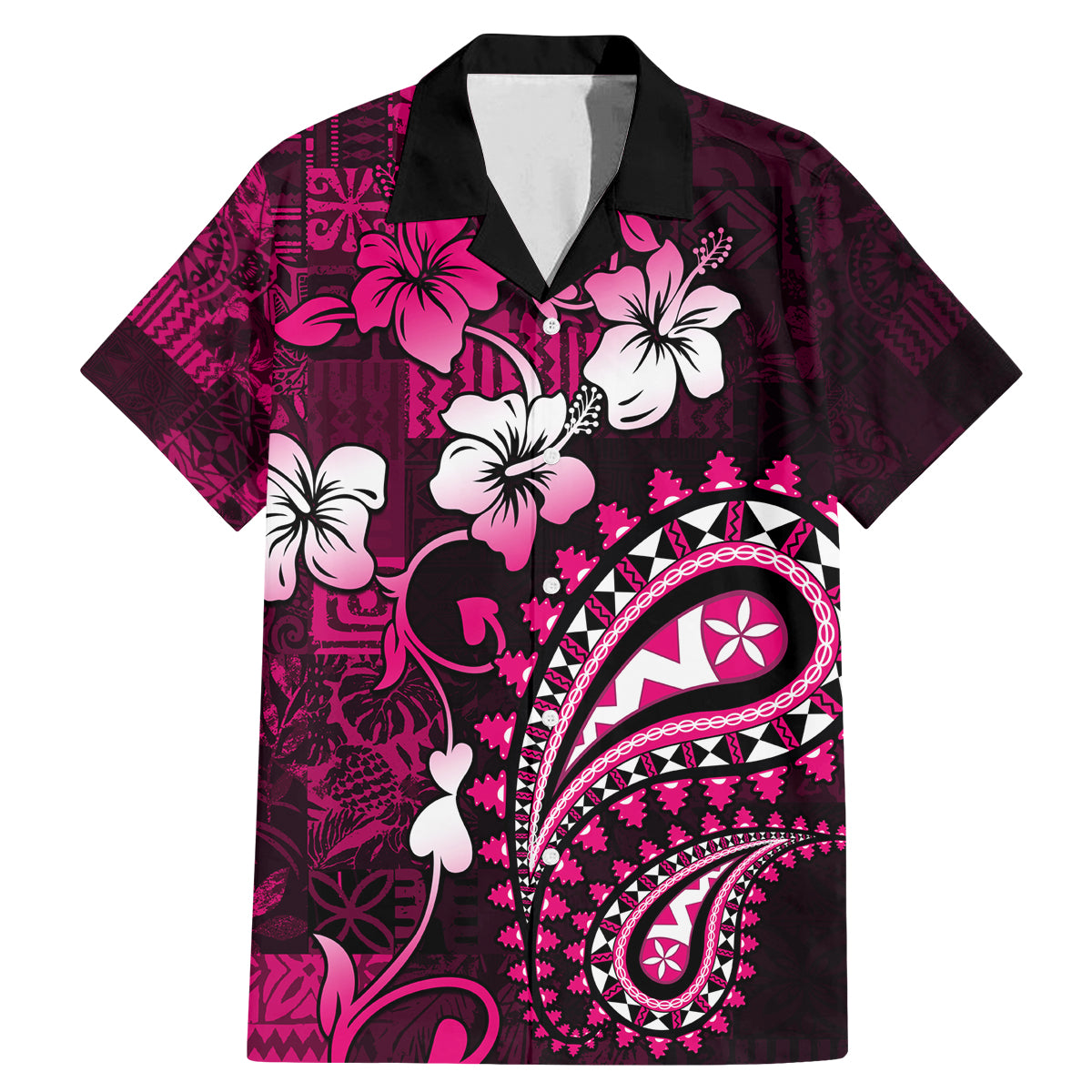 Fiji Masi Paisley With Hibiscus Tapa Family Matching Mermaid Dress and Hawaiian Shirt Pink Version LT01 Dad's Shirt - Short Sleeve Pink - Polynesian Pride