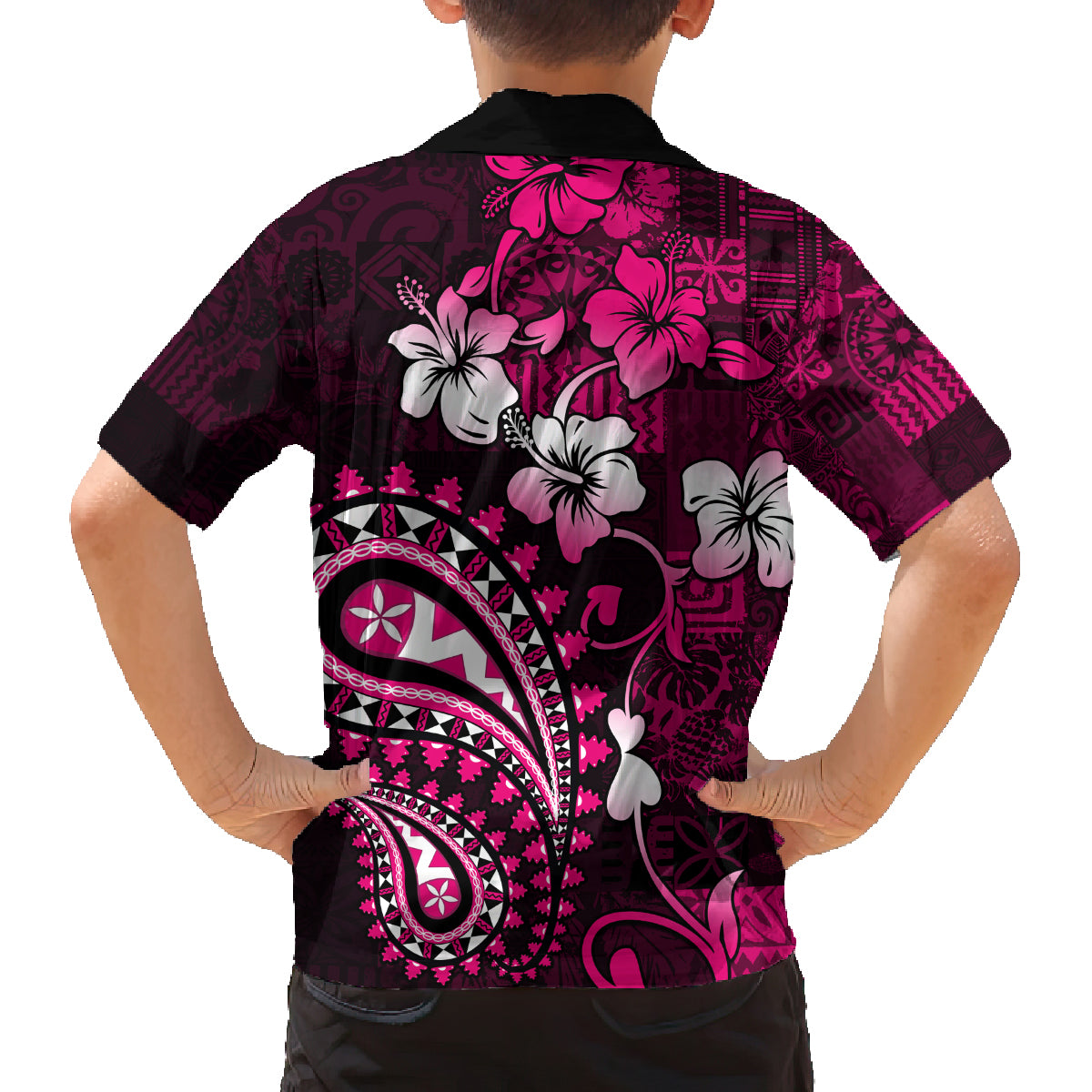 Fiji Masi Paisley With Hibiscus Tapa Family Matching Off Shoulder Long Sleeve Dress and Hawaiian Shirt Pink Version LT01 - Polynesian Pride