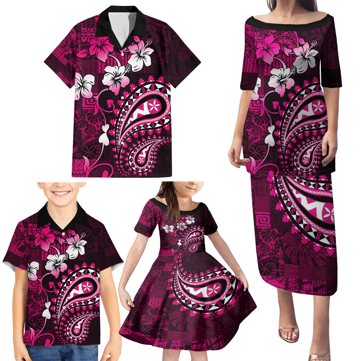 Fiji Masi Paisley With Hibiscus Tapa Family Matching Puletasi Dress and Hawaiian Shirt Pink Version LT01 - Polynesian Pride