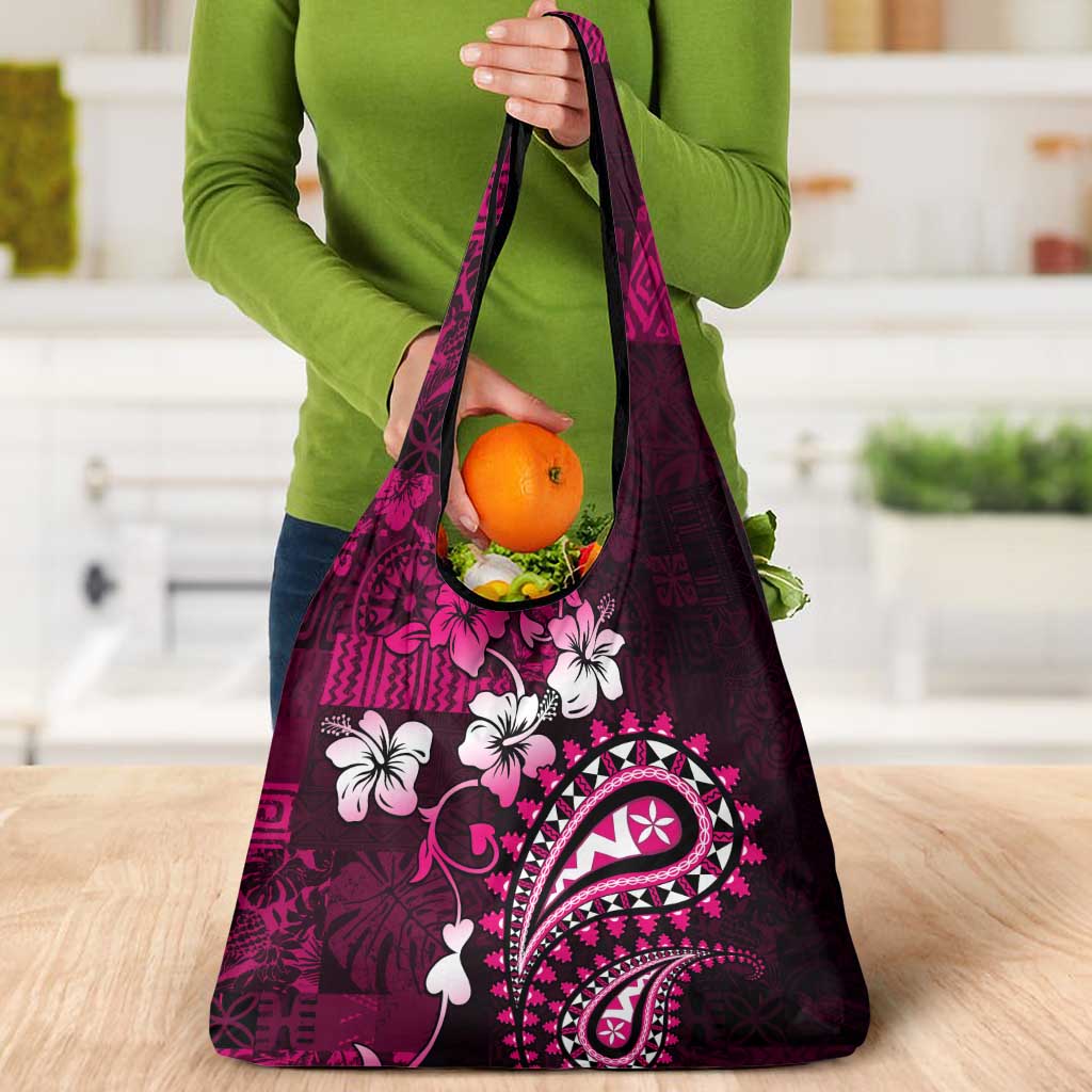Fiji Masi Paisley With Hibiscus Tapa Grocery Bag Pink Version
