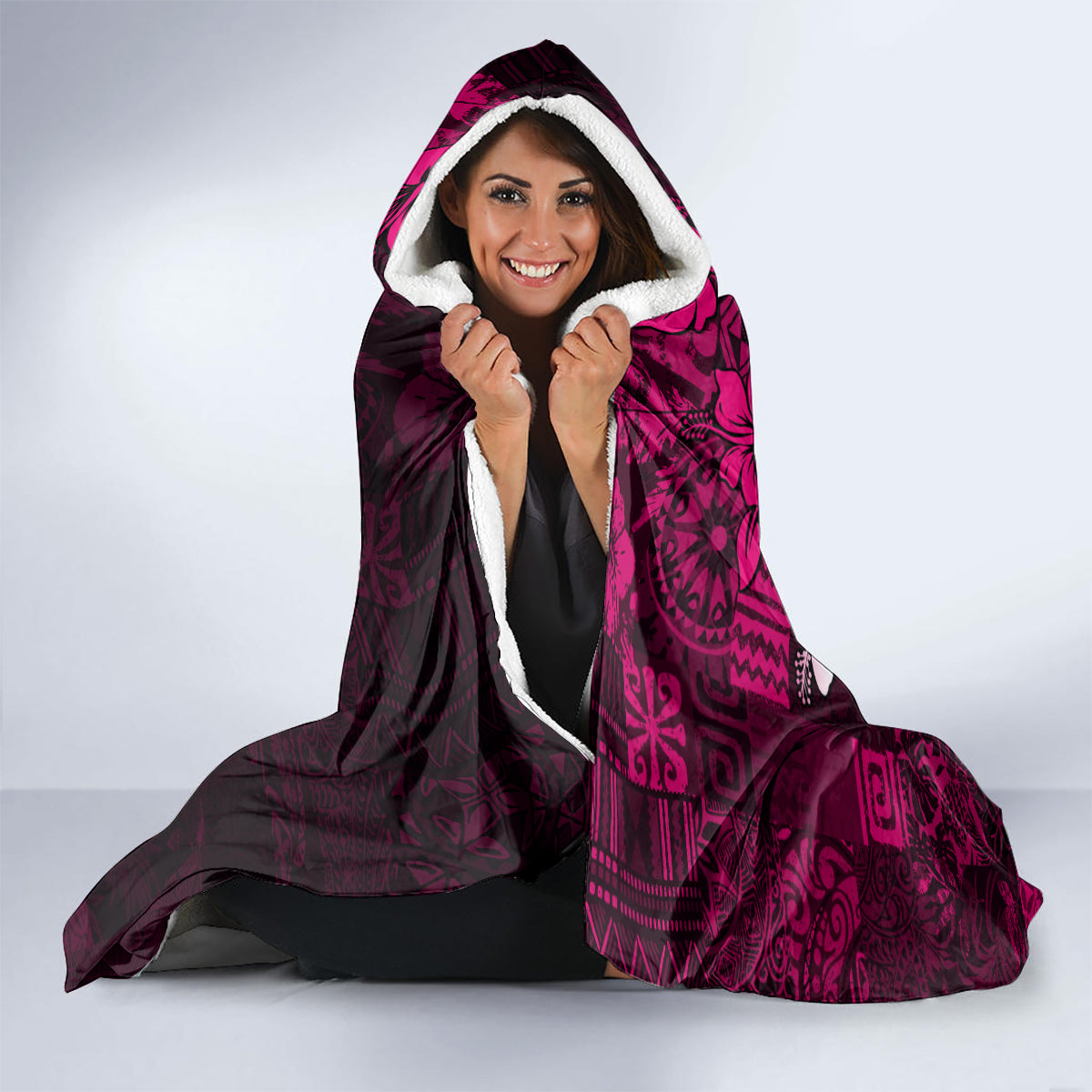 Fiji Masi Paisley With Hibiscus Tapa Hooded Blanket Pink Version LT01 - Polynesian Pride