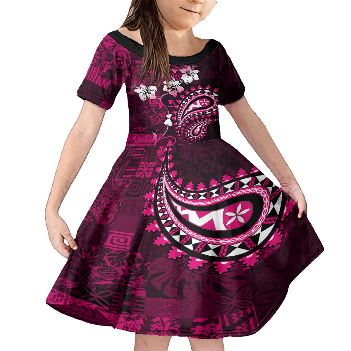 Fiji Masi Paisley With Hibiscus Tapa Kid Short Sleeve Dress Pink Version LT01 KID Pink - Polynesian Pride