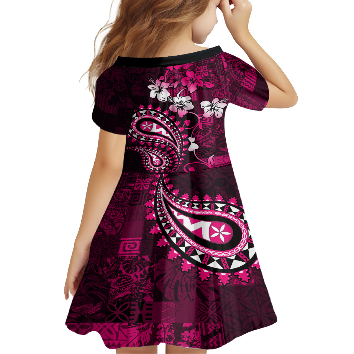 Fiji Masi Paisley With Hibiscus Tapa Kid Short Sleeve Dress Pink Version LT01 - Polynesian Pride