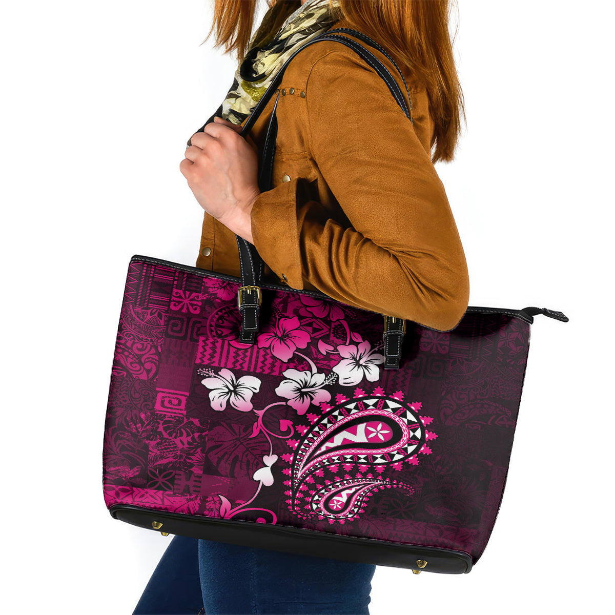 Fiji Masi Paisley With Hibiscus Tapa Leather Tote Bag Pink Version LT01 Pink - Polynesian Pride