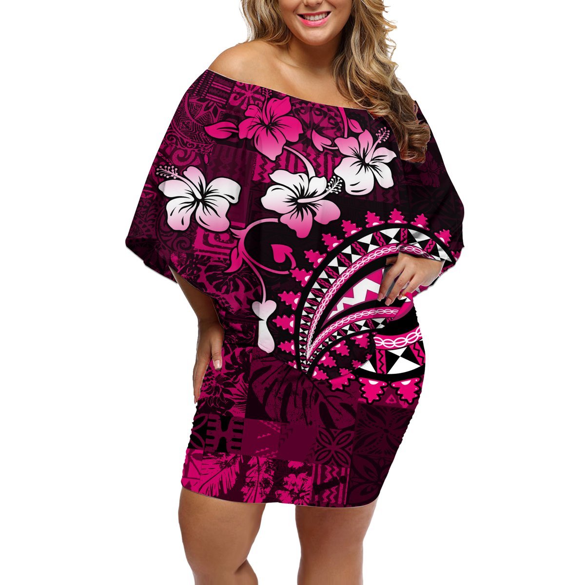 Fiji Masi Paisley With Hibiscus Tapa Off Shoulder Short Dress Pink Version LT01 Women Pink - Polynesian Pride