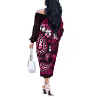 Fiji Masi Paisley With Hibiscus Tapa Off The Shoulder Long Sleeve Dress Pink Version LT01 - Polynesian Pride