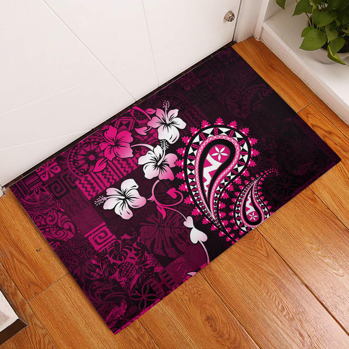 Fiji Masi Paisley With Hibiscus Tapa Rubber Doormat Pink Version LT01 Pink - Polynesian Pride