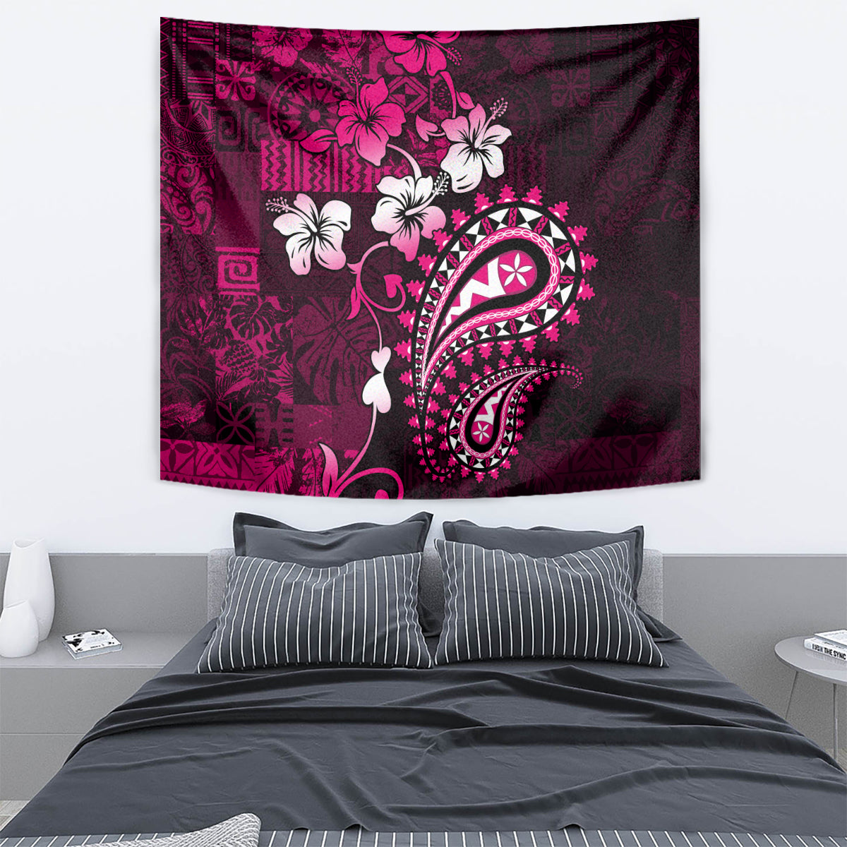 Fiji Masi Paisley With Hibiscus Tapa Tapestry Pink Version LT01 - Polynesian Pride