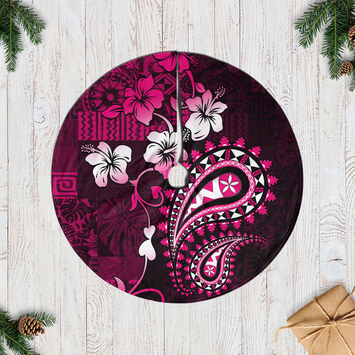 Fiji Masi Paisley With Hibiscus Tapa Tree Skirt Pink Version LT01 Casual Tree Skirts Pink - Polynesian Pride