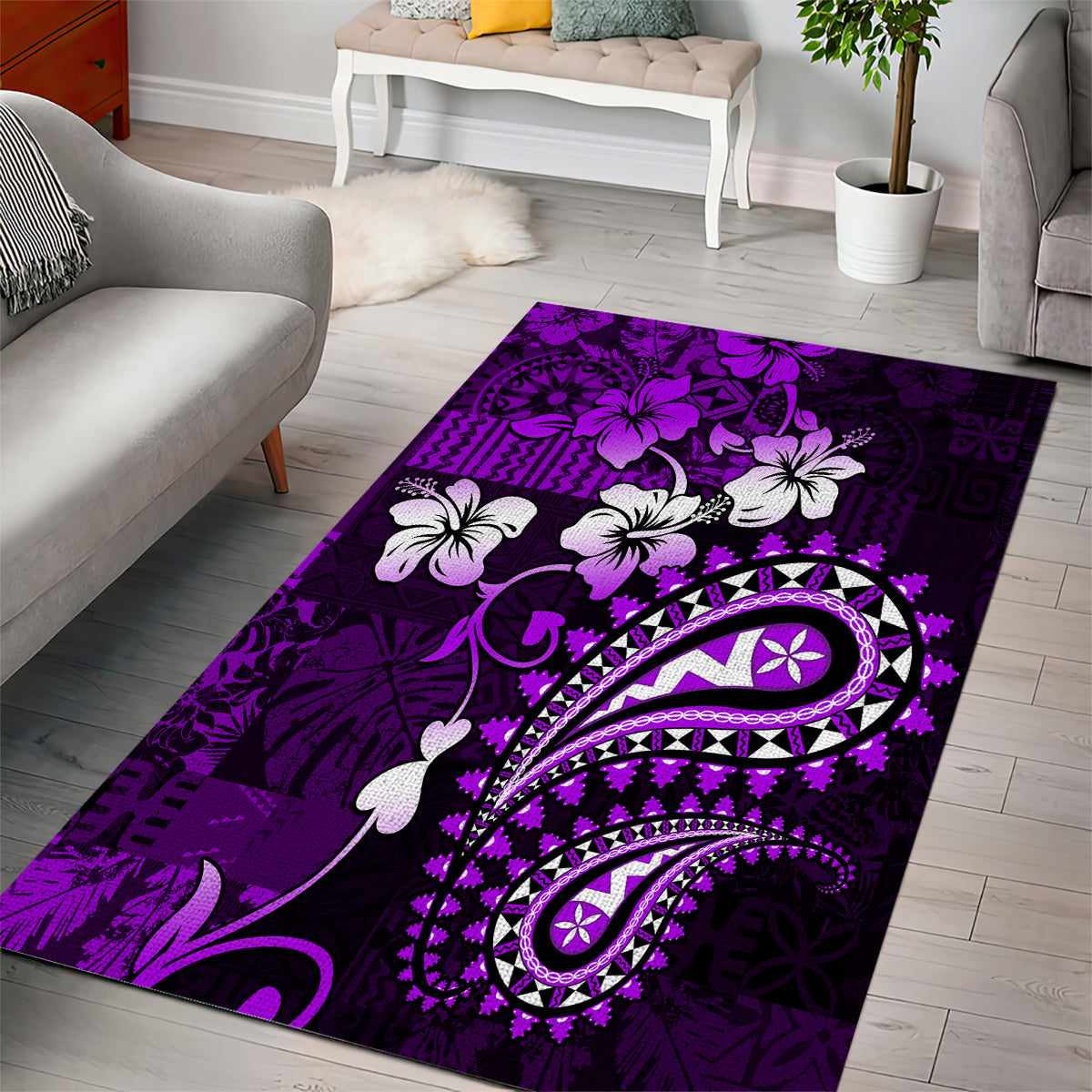 Fiji Masi Paisley Area Rug Fijian Hibiscus Tapa Purple Version LT01 - Polynesian Pride