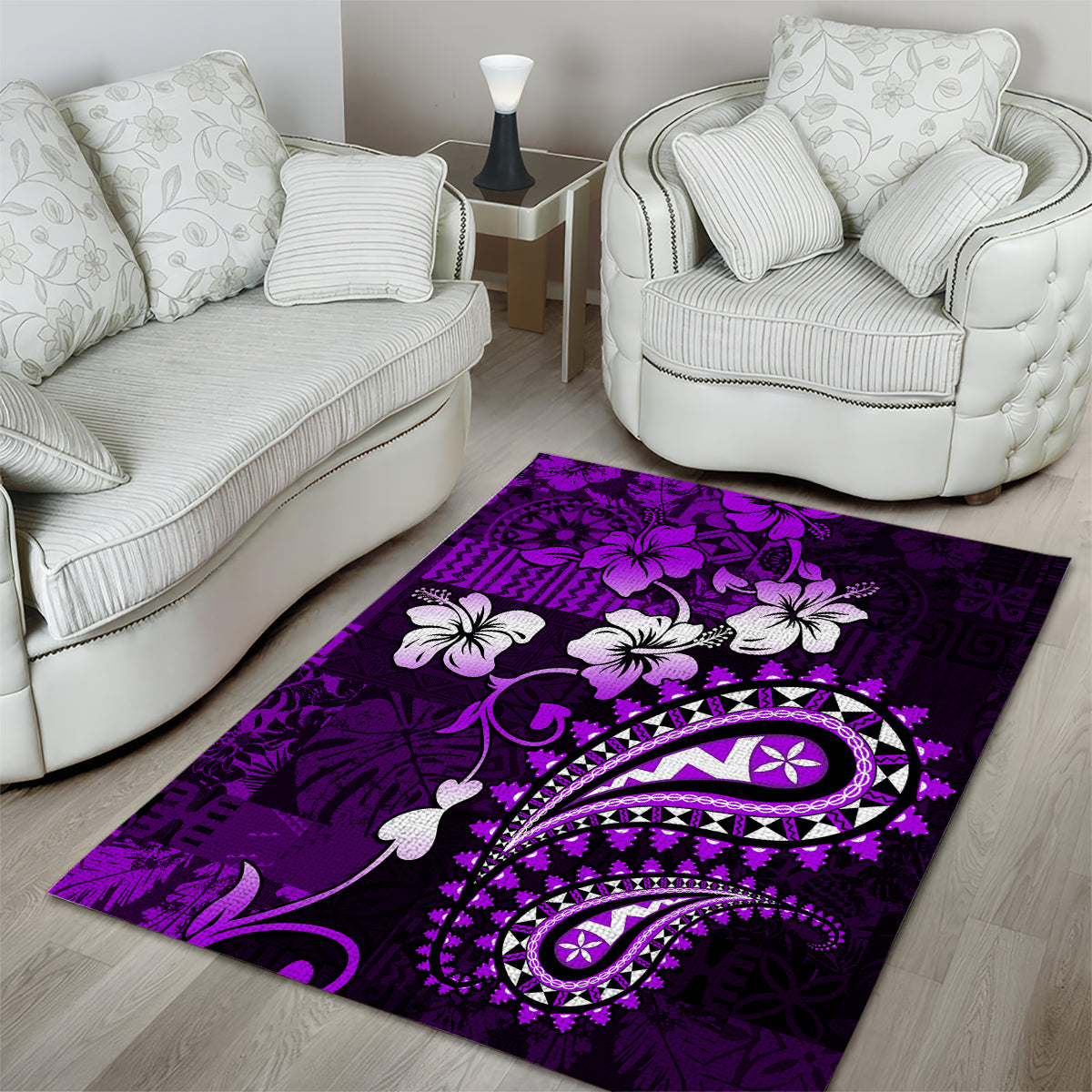 Fiji Masi Paisley Area Rug Fijian Hibiscus Tapa Purple Version LT01 - Polynesian Pride