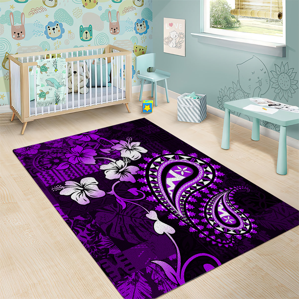 Fiji Masi Paisley Area Rug Fijian Hibiscus Tapa Purple Version LT01 - Polynesian Pride