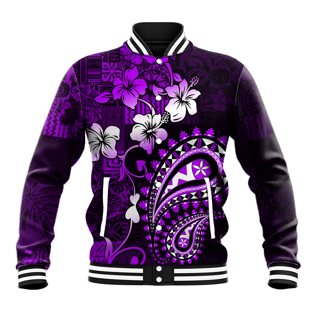 Fiji Masi Paisley Baseball Jacket Fijian Hibiscus Tapa Purple Version LT01 Unisex Purple - Polynesian Pride