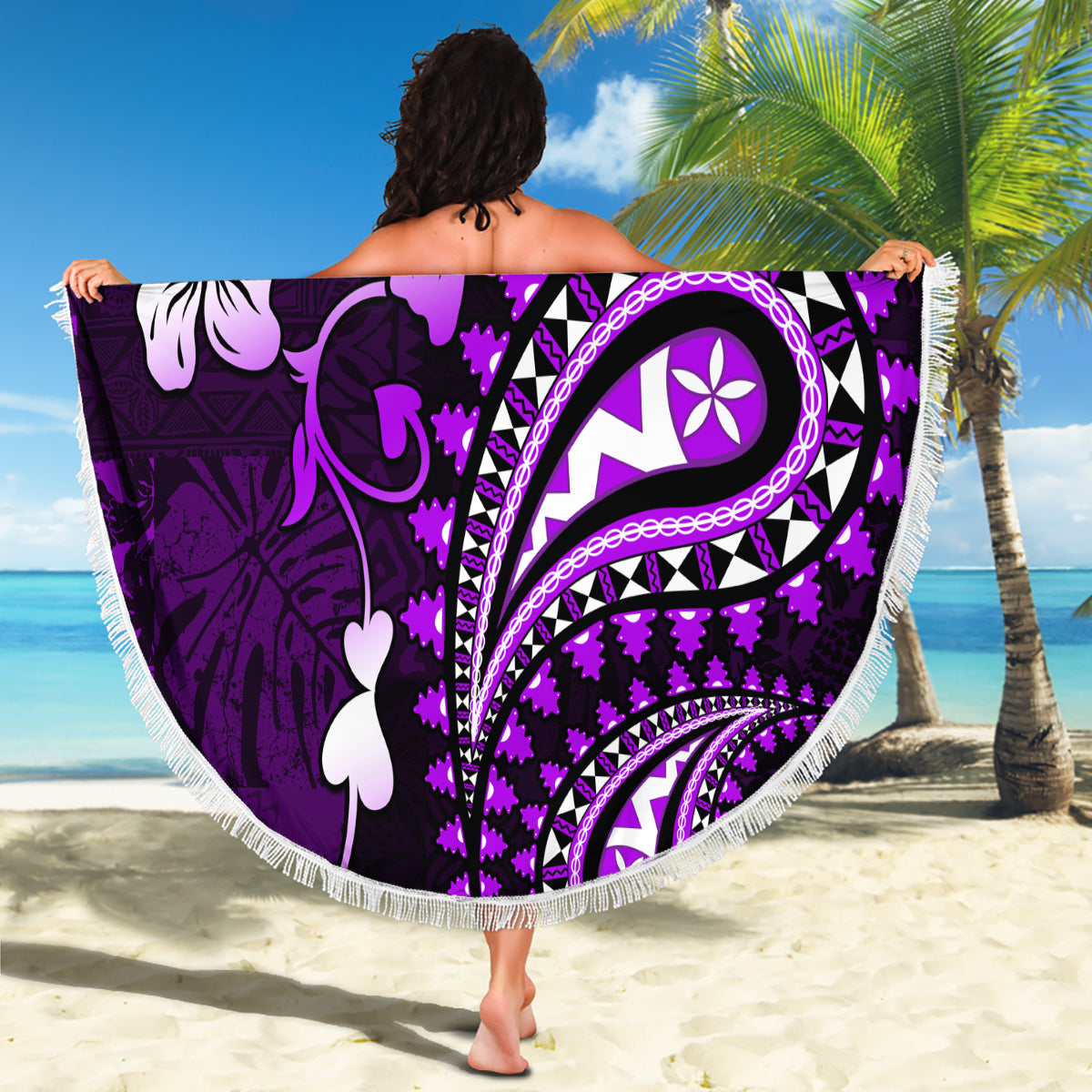 Fiji Masi Paisley Beach Blanket Fijian Hibiscus Tapa Purple Version LT01 - Polynesian Pride