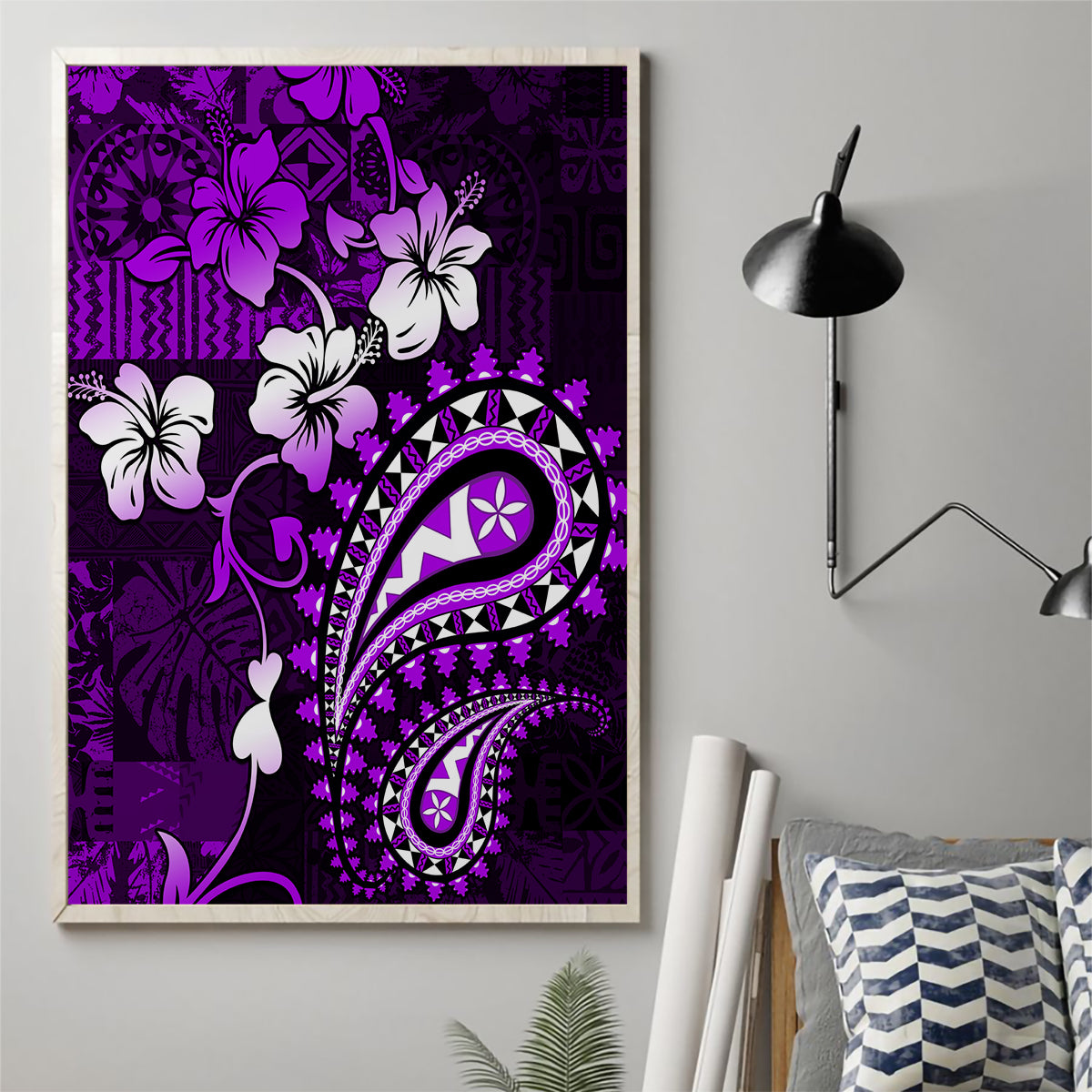 Fiji Masi Paisley Canvas Wall Art Fijian Hibiscus Tapa Purple Version LT01 - Polynesian Pride