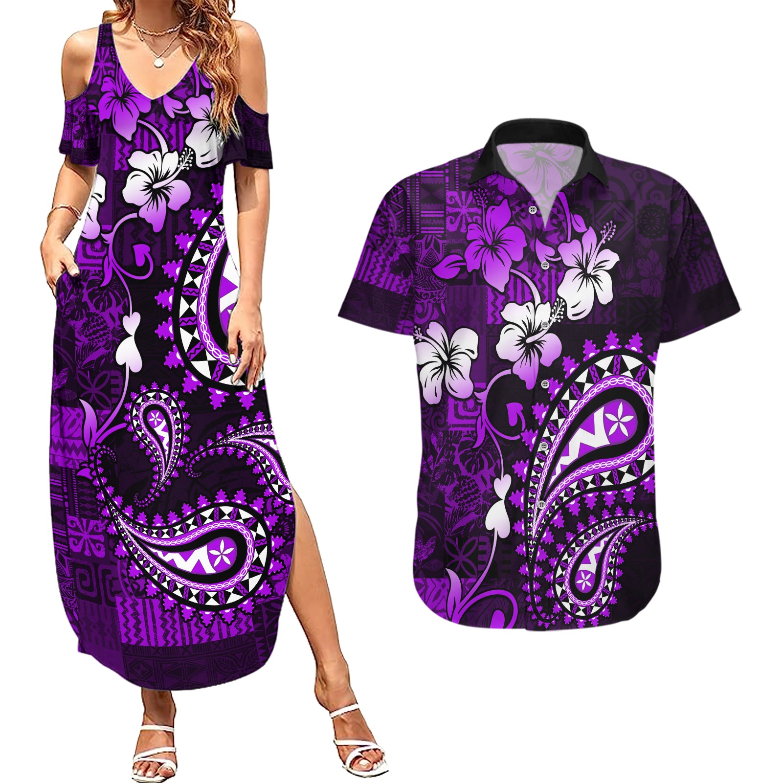 Fiji Masi Paisley Couples Matching Summer Maxi Dress and Hawaiian Shirt Fijian Hibiscus Tapa Purple Version LT01 Purple - Polynesian Pride