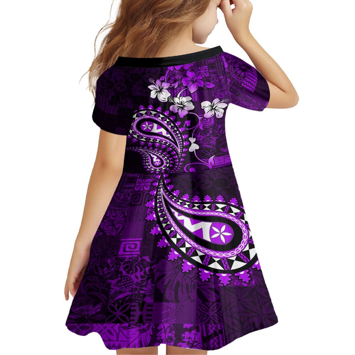 Fiji Masi Paisley Family Matching Long Sleeve Bodycon Dress and Hawaiian Shirt Fijian Hibiscus Tapa Purple Version LT01 - Polynesian Pride