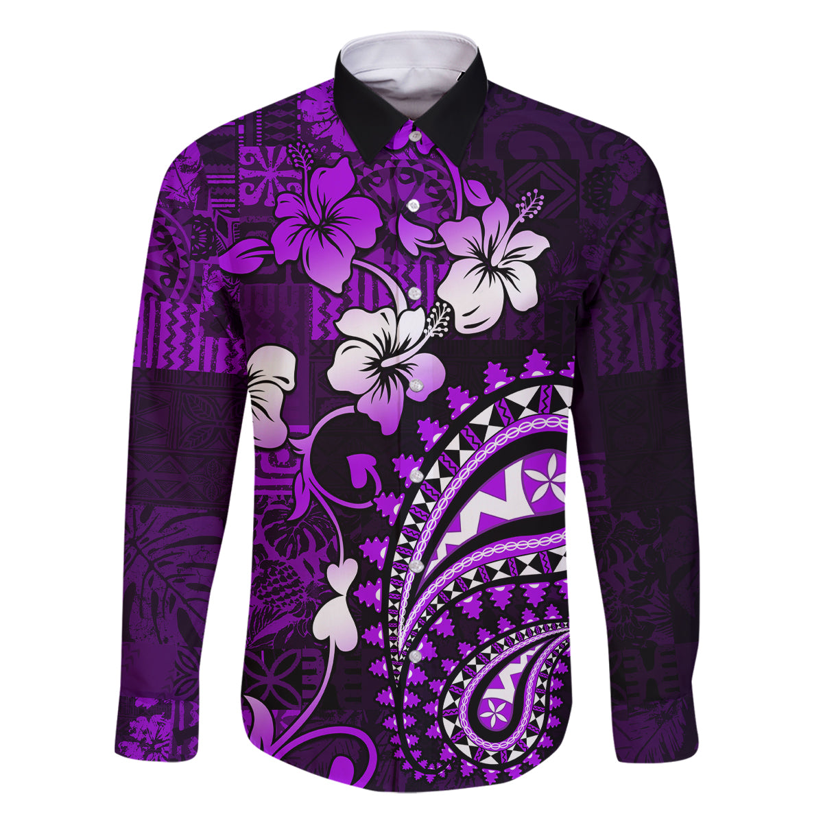 Fiji Masi Paisley Family Matching Mermaid Dress and Hawaiian Shirt Fijian Hibiscus Tapa Purple Version LT01 Dad's Shirt - Long Sleeve Purple - Polynesian Pride