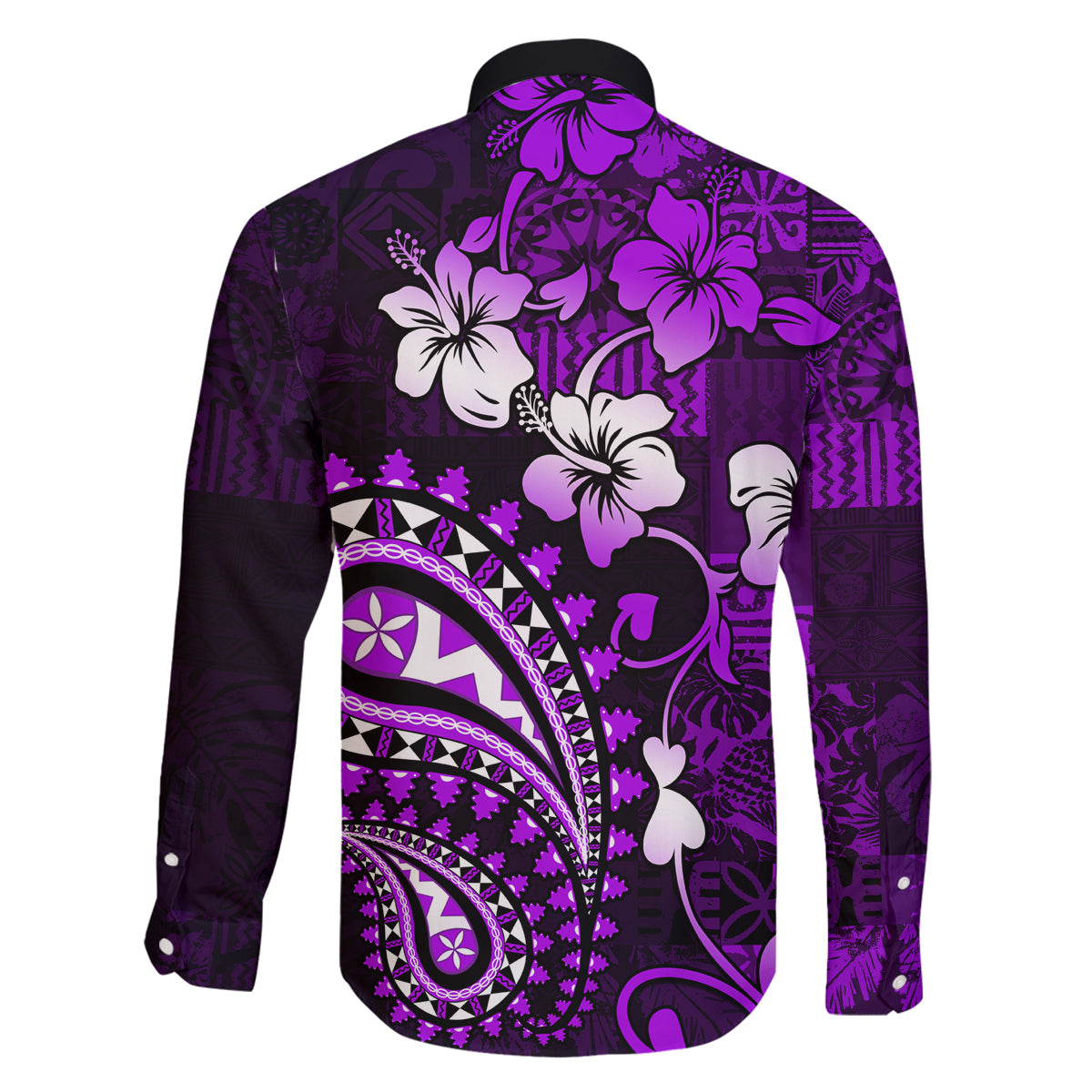 Fiji Masi Paisley Family Matching Off Shoulder Long Sleeve Dress and Hawaiian Shirt Fijian Hibiscus Tapa Purple Version LT01 - Polynesian Pride